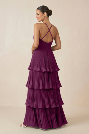 Tiered Pleated V - Neck A - Line Chiffon Bridesmaid Dress in Fig - KISS BRIDAL Bridesmaid Dresses