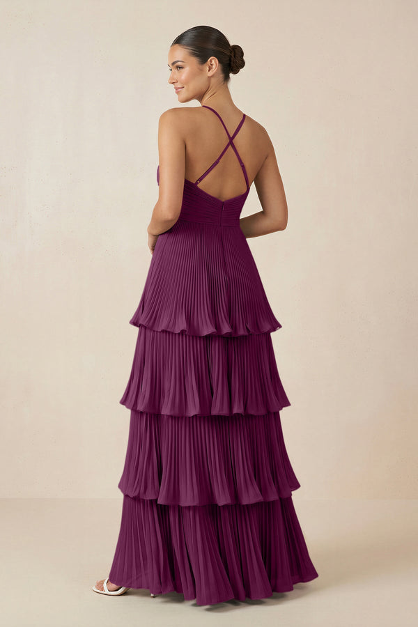 Tiered Pleated V - Neck A - Line Chiffon Bridesmaid Dress in Fig - KISS BRIDAL Bridesmaid Dresses