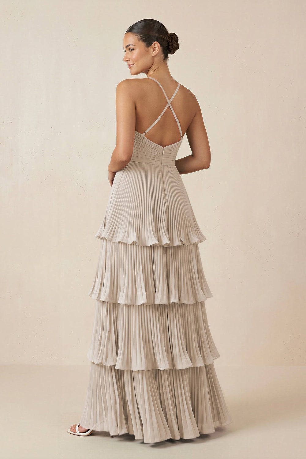 Tiered Pleated V - Neck A - Line Chiffon Bridesmaid Dress in Frost - KISS BRIDAL Bridesmaid Dresses