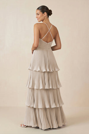 Tiered Pleated V - Neck A - Line Chiffon Bridesmaid Dress in Frost - KISS BRIDAL Bridesmaid Dresses