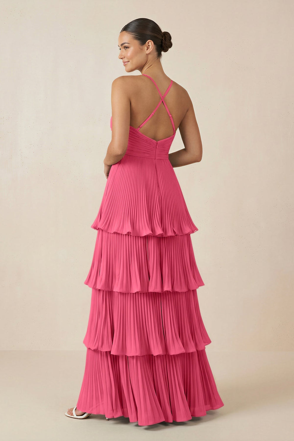 Tiered Pleated V - Neck A - Line Chiffon Bridesmaid Dress in Fuchsia - KISS BRIDAL Bridesmaid Dresses