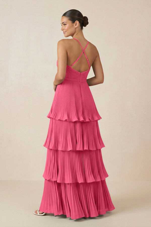 Tiered Pleated V - Neck A - Line Chiffon Bridesmaid Dress in Fuchsia - KISS BRIDAL Bridesmaid Dresses