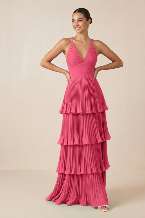 Tiered Pleated V - Neck A - Line Chiffon Bridesmaid Dress in Fuchsia - KISS BRIDAL Bridesmaid Dresses