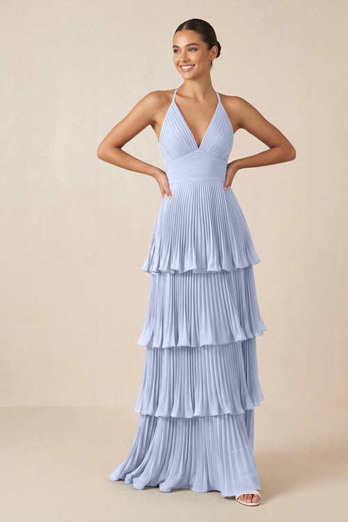 Tiered Pleated V - Neck A - Line Chiffon Bridesmaid Dress in Ice - KISS BRIDAL Bridesmaid Dresses