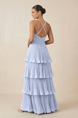 Tiered Pleated V - Neck A - Line Chiffon Bridesmaid Dress in Ice - KISS BRIDAL Bridesmaid Dresses