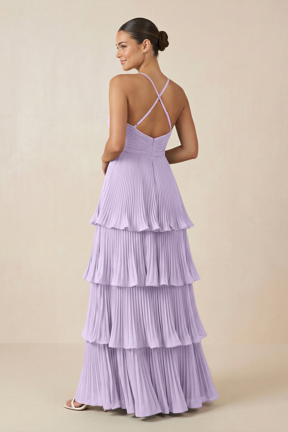 Tiered Pleated V - Neck A - Line Chiffon Bridesmaid Dress in Lavender - KISS BRIDAL Bridesmaid Dresses