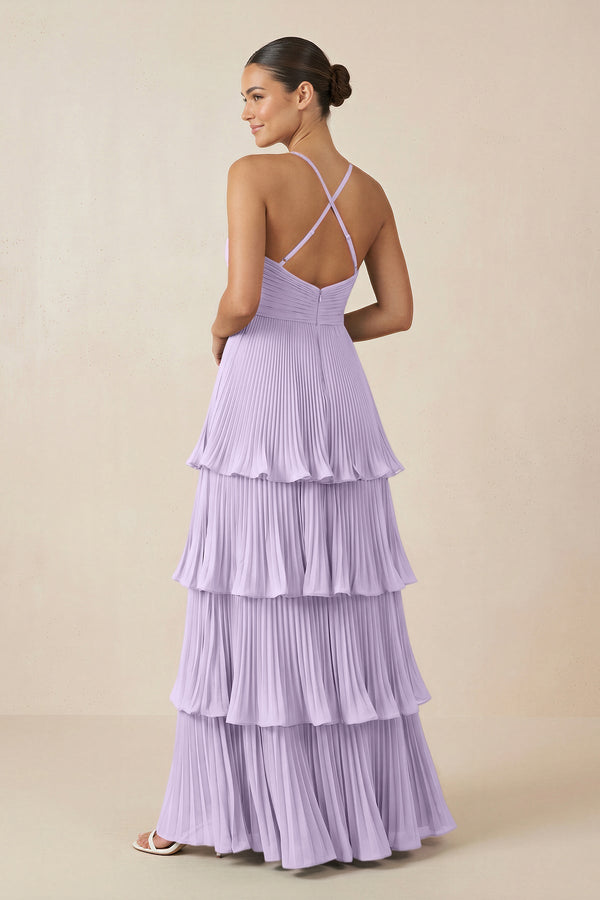 Tiered Pleated V - Neck A - Line Chiffon Bridesmaid Dress in Lavender - KISS BRIDAL Bridesmaid Dresses
