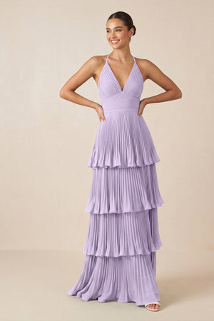 Tiered Pleated V - Neck A - Line Chiffon Bridesmaid Dress in Lavender - KISS BRIDAL Bridesmaid Dresses