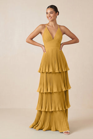 Tiered Pleated V - Neck A - Line Chiffon Bridesmaid Dress in Marigold - KISS BRIDAL Bridesmaid Dresses