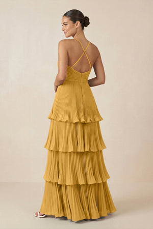 Tiered Pleated V - Neck A - Line Chiffon Bridesmaid Dress in Marigold - KISS BRIDAL Bridesmaid Dresses