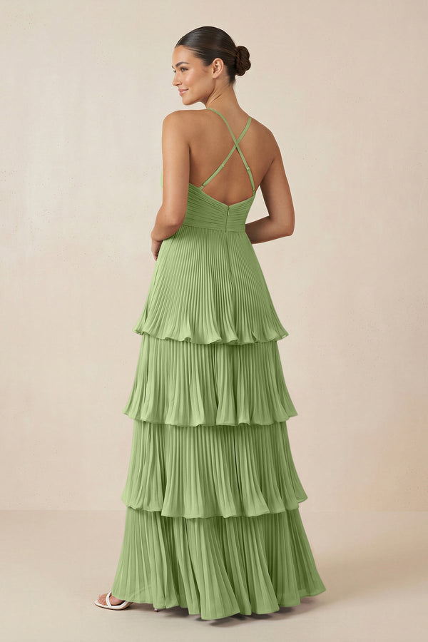 Tiered Pleated V - Neck A - Line Chiffon Bridesmaid Dress in Matcha - KISS BRIDAL Bridesmaid Dresses