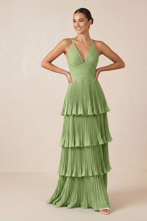 Tiered Pleated V - Neck A - Line Chiffon Bridesmaid Dress in Matcha - KISS BRIDAL Bridesmaid Dresses
