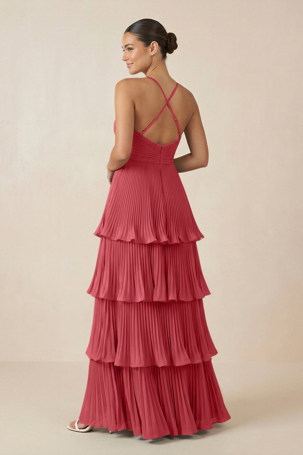 Tiered Pleated V - Neck A - Line Chiffon Bridesmaid Dress in Merlot - KISS BRIDAL Bridesmaid Dresses