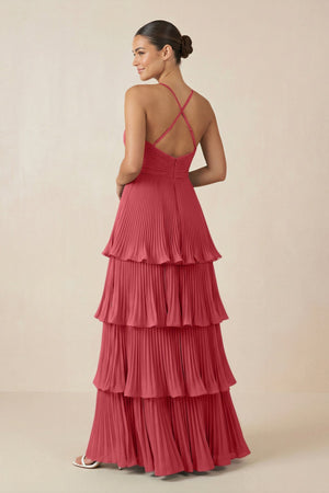 Tiered Pleated V - Neck A - Line Chiffon Bridesmaid Dress in Merlot - KISS BRIDAL Bridesmaid Dresses
