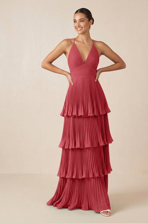 Tiered Pleated V - Neck A - Line Chiffon Bridesmaid Dress in Merlot - KISS BRIDAL Bridesmaid Dresses
