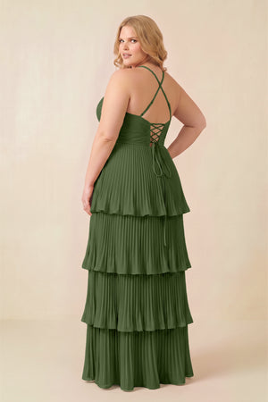Tiered Pleated V-Neck A-Line Chiffon Bridesmaid Dress in Moss (2) [sizeplus] | KISSBRIDAL