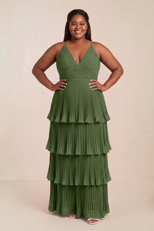 Tiered Pleated V-Neck A-Line Chiffon Bridesmaid Dress in Moss (3) [sizeplus] | KISSBRIDAL