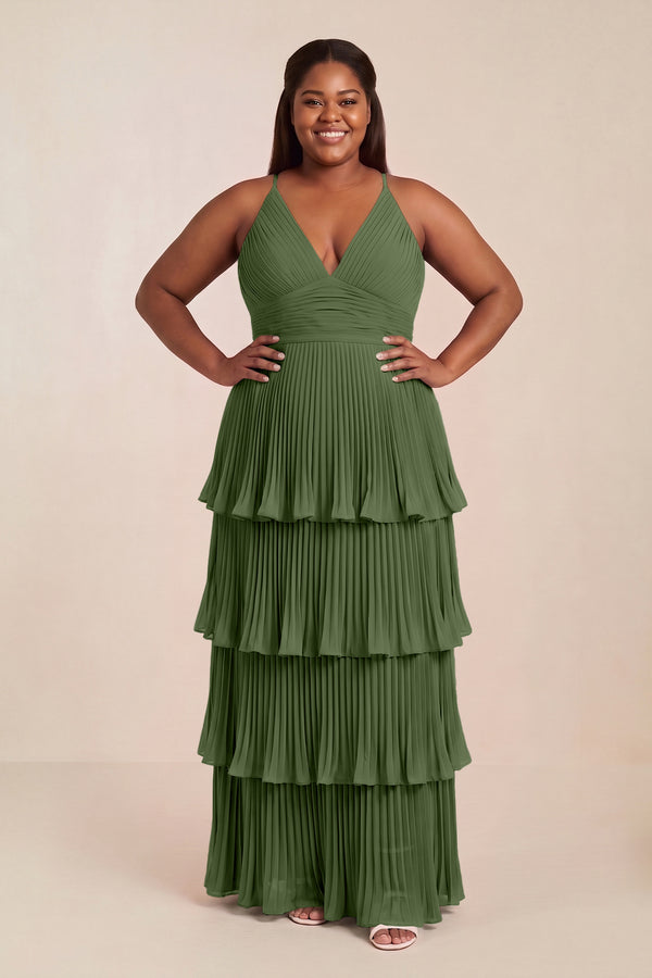 Tiered Pleated V-Neck A-Line Chiffon Bridesmaid Dress in Moss (3) [sizeplus] | KISSBRIDAL