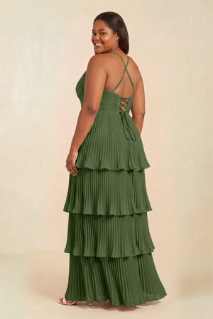 Tiered Pleated V-Neck A-Line Chiffon Bridesmaid Dress in Moss (4) [sizeplus] | KISSBRIDAL