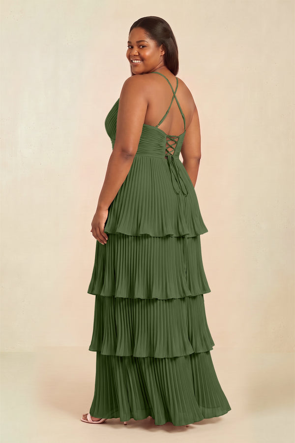Tiered Pleated V-Neck A-Line Chiffon Bridesmaid Dress in Moss (4) [sizeplus] | KISSBRIDAL