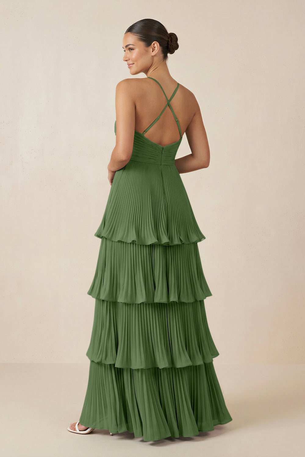 Tiered Pleated V - Neck A - Line Chiffon Bridesmaid Dress in Moss - KISS BRIDAL Bridesmaid Dresses