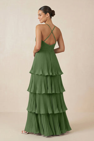 Tiered Pleated V - Neck A - Line Chiffon Bridesmaid Dress in Moss - KISS BRIDAL Bridesmaid Dresses