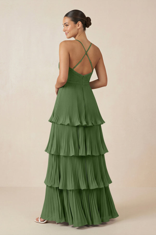 Tiered Pleated V - Neck A - Line Chiffon Bridesmaid Dress in Moss - KISS BRIDAL Bridesmaid Dresses