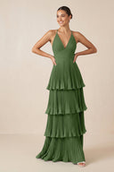Tiered Pleated V - Neck A - Line Chiffon Bridesmaid Dress in Moss - KISS BRIDAL Bridesmaid Dresses