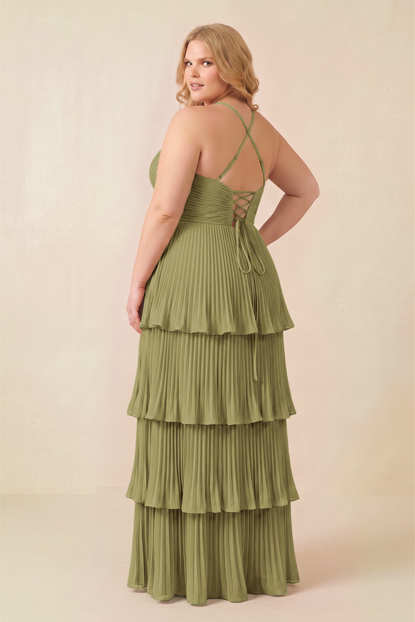 Tiered Pleated V-Neck A-Line Chiffon Bridesmaid Dress in Moss Green (2) [sizeplus] | KISSBRIDAL