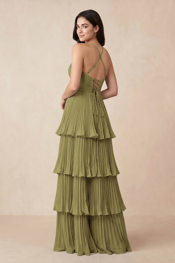 Tiered Pleated V-Neck A-Line Chiffon Bridesmaid Dress in Moss Green (2) | KISSBRIDAL