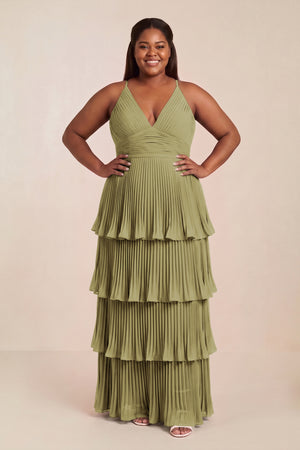Tiered Pleated V-Neck A-Line Chiffon Bridesmaid Dress in Moss Green (3) [sizeplus] | KISSBRIDAL