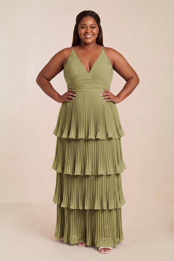 Tiered Pleated V-Neck A-Line Chiffon Bridesmaid Dress in Moss Green (3) [sizeplus] | KISSBRIDAL