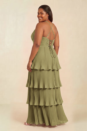 Tiered Pleated V-Neck A-Line Chiffon Bridesmaid Dress in Moss Green (4) [sizeplus] | KISSBRIDAL