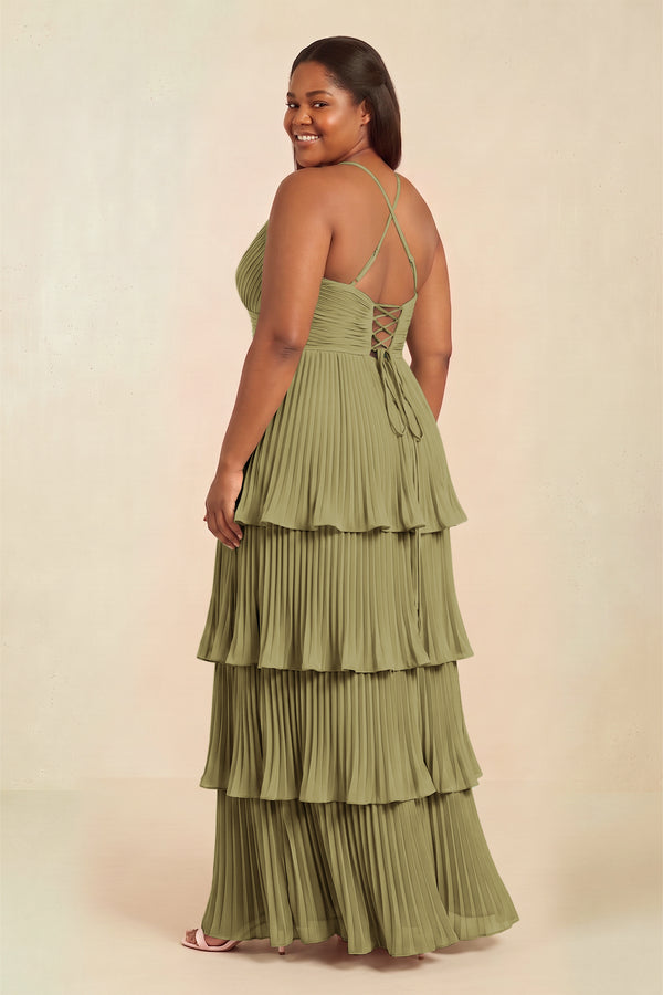 Tiered Pleated V-Neck A-Line Chiffon Bridesmaid Dress in Moss Green (4) [sizeplus] | KISSBRIDAL