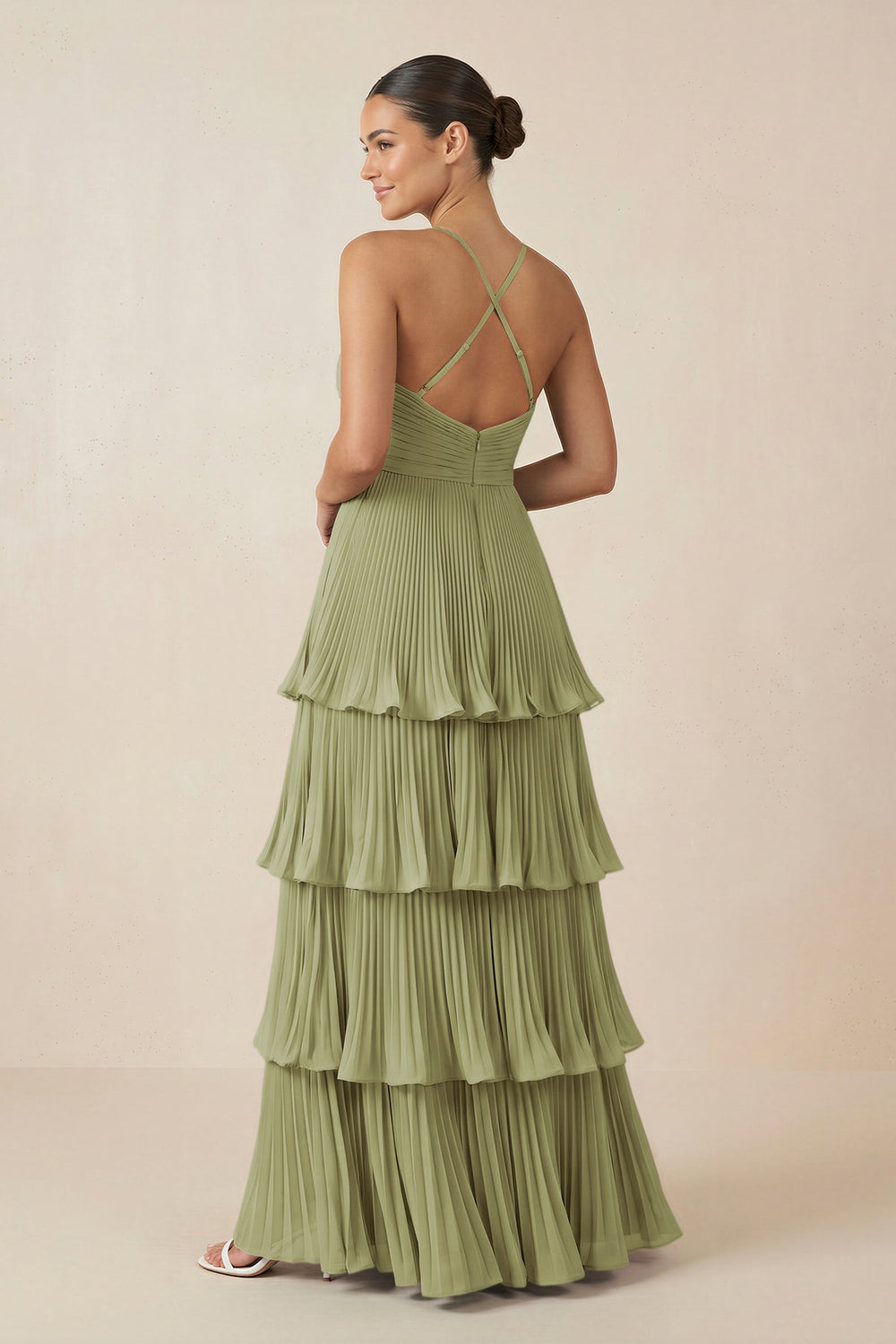 Tiered Pleated V - Neck A - Line Chiffon Bridesmaid Dress in Moss Green - KISS BRIDAL Bridesmaid Dresses
