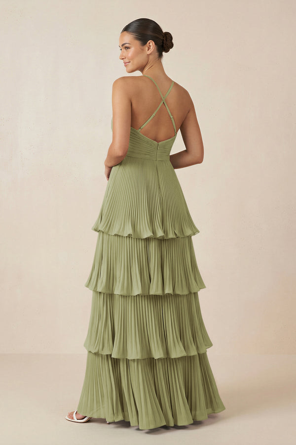 Tiered Pleated V - Neck A - Line Chiffon Bridesmaid Dress in Moss Green - KISS BRIDAL Bridesmaid Dresses