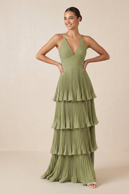 Tiered Pleated V - Neck A - Line Chiffon Bridesmaid Dress in Moss Green - KISS BRIDAL Bridesmaid Dresses