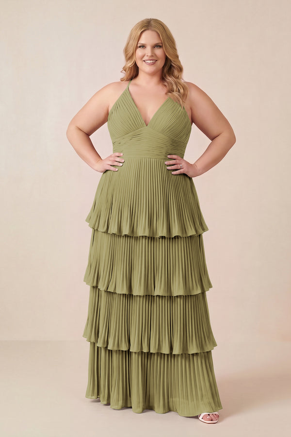 Tiered Pleated V-Neck A-Line Chiffon Bridesmaid Dress in Moss Green [sizeplus] | KISSBRIDAL