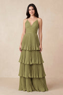 Tiered Pleated V-Neck A-Line Chiffon Bridesmaid Dress in Moss Green | KISSBRIDAL