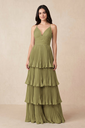 Tiered Pleated V-Neck A-Line Chiffon Bridesmaid Dress in Moss Green | KISSBRIDAL