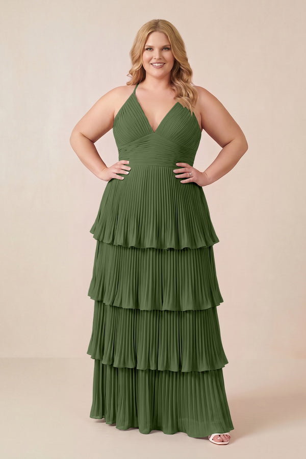 Tiered Pleated V-Neck A-Line Chiffon Bridesmaid Dress in Moss [sizeplus] | KISSBRIDAL