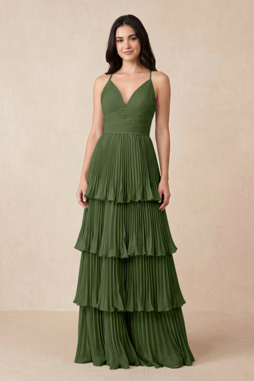 Tiered Pleated V-Neck A-Line Chiffon Bridesmaid Dress in Moss | KISSBRIDAL