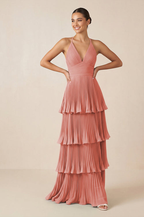 Tiered Pleated V - Neck A - Line Chiffon Bridesmaid Dress in Mulberry - KISS BRIDAL Bridesmaid Dresses