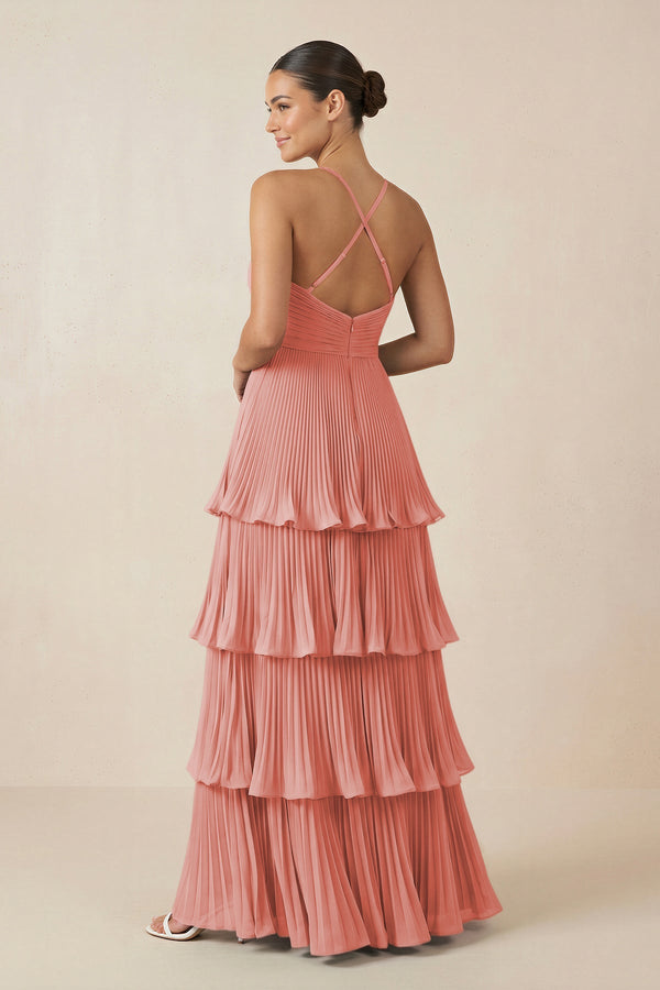 Tiered Pleated V - Neck A - Line Chiffon Bridesmaid Dress in Mulberry - KISS BRIDAL Bridesmaid Dresses