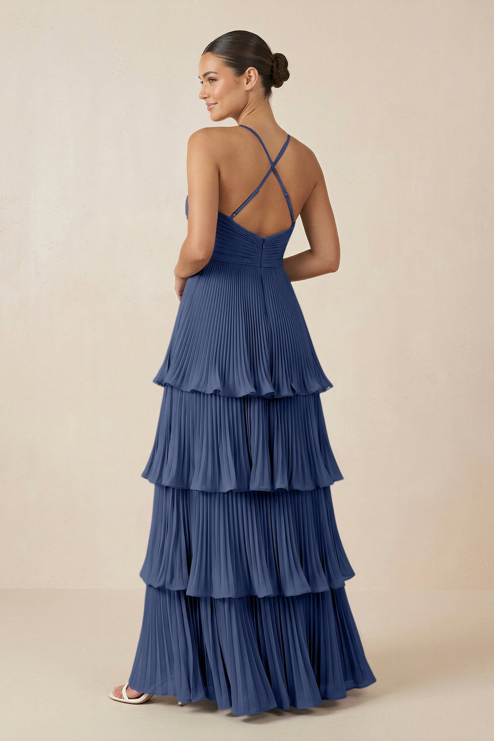 Tiered Pleated V - Neck A - Line Chiffon Bridesmaid Dress in Navy - KISS BRIDAL Bridesmaid Dresses