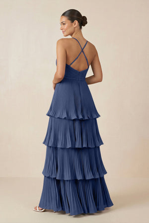 Tiered Pleated V - Neck A - Line Chiffon Bridesmaid Dress in Navy - KISS BRIDAL Bridesmaid Dresses