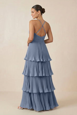 Tiered Pleated V - Neck A - Line Chiffon Bridesmaid Dress in Neptune - KISS BRIDAL Bridesmaid Dresses
