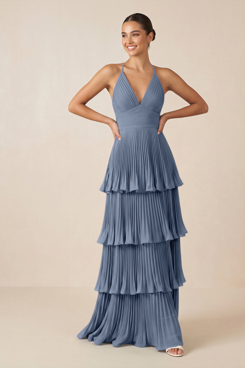 Tiered Pleated V - Neck A - Line Chiffon Bridesmaid Dress in Neptune - KISS BRIDAL Bridesmaid Dresses