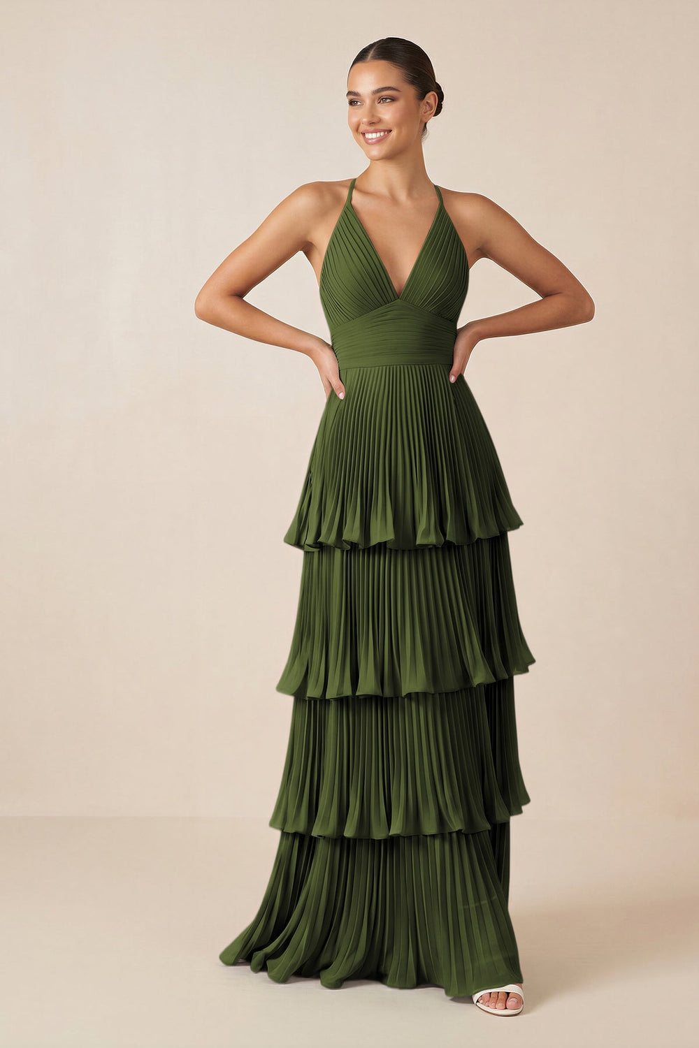 Tiered Pleated V - Neck A - Line Chiffon Bridesmaid Dress in Olive - KISS BRIDAL Bridesmaid Dresses
