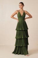 Tiered Pleated V - Neck A - Line Chiffon Bridesmaid Dress in Olive - KISS BRIDAL Bridesmaid Dresses